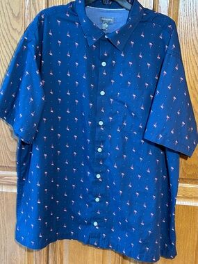 Van Heusen Navy Button-Up Shirt with Pink Flamingo Print Size 2XL